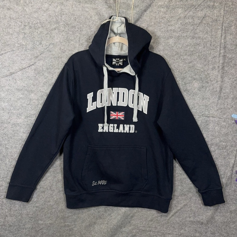 GWCC London England Hoodie Mens XL Blue Pullover Embroidered Applique Union Jack - Picture 2 of 7